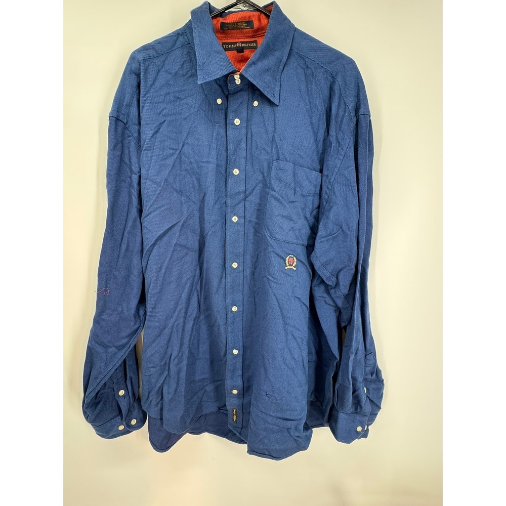 Tommy Hilfiger Button Down Shirt Mens XXL Blue Cotton Lion Crest Logo Casual